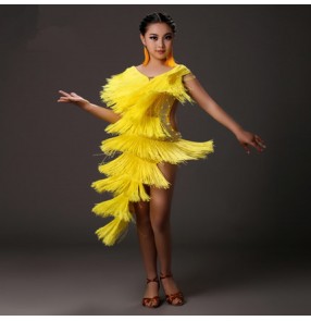 Light pink neon yellow fringes diamond rhinestones v neck backless girls kids children competition performance professional latin salsa samba dance dresses outfits